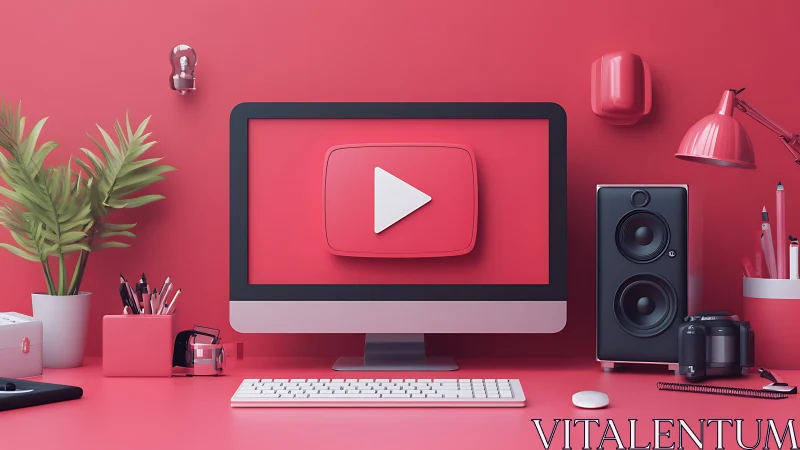 Modern pink desktop studio highlights video content creation.