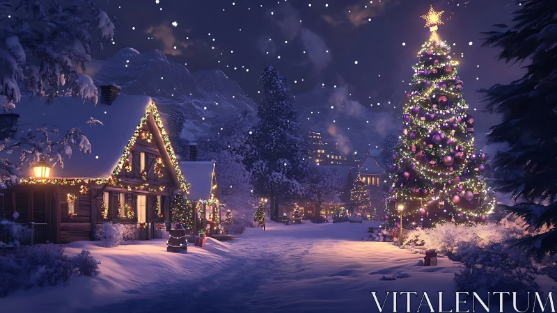 Snow covered village street shows lit cabins and tall tree