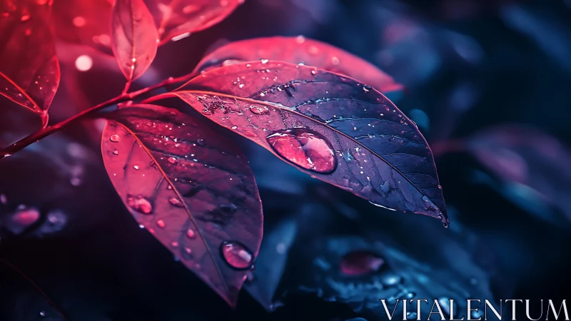 Neon-kissed leaves with dewy droplets in moody contrast.