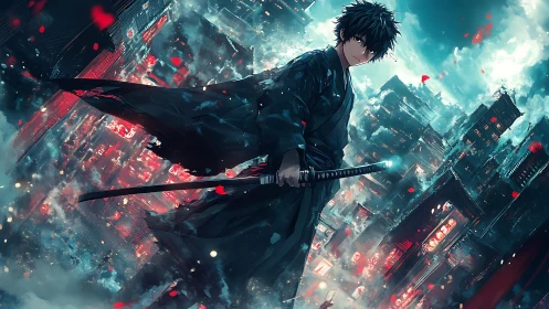 Dark haired swordsman stands over neon drenched night city.