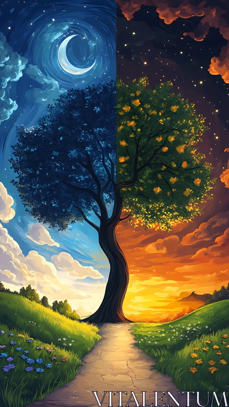 Symbolic tree divides swirling day, night, and seasons.