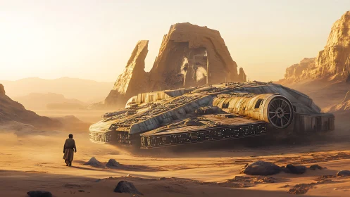 Desert marooned starship before towering sandstone ruins.