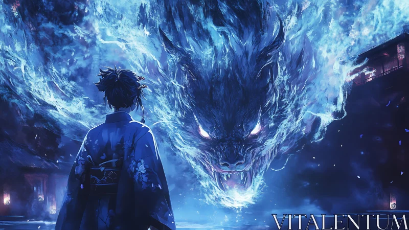 Kimono-clad figure facing large spectral blue fox spirit.