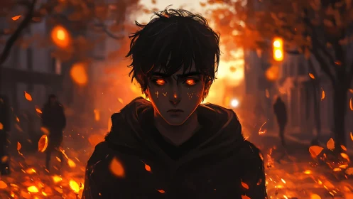 Fiery-eyed boy in autumn street engulfed by glowing embers.