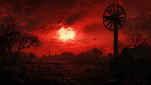 Blood-red sunset over derelict rural farmstead and windmill silhouette