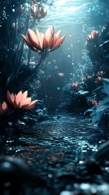 Subaquatic bioluminescent flora with reflective caustic stream.