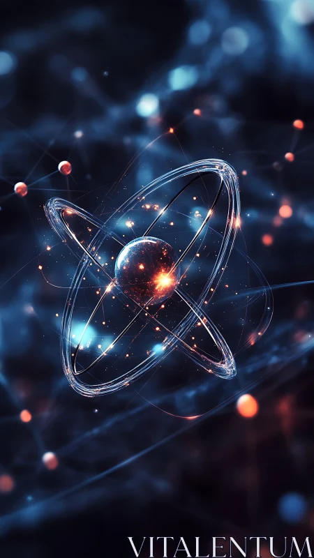 Glowing atomic nucleus orbits in deep cosmic blue space.