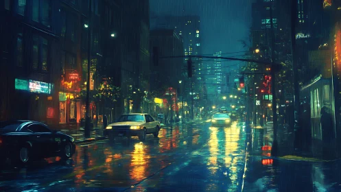 Rain-drenched neon boulevard humming through midnight hush.