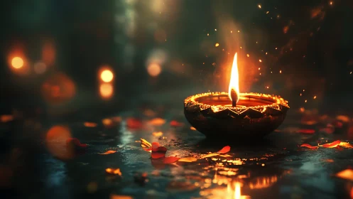 Gentle clay oil lamp glowing warmly amid drifting petals.