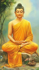 Serene Buddha meditation portrait with high-saturation drapery rendering
