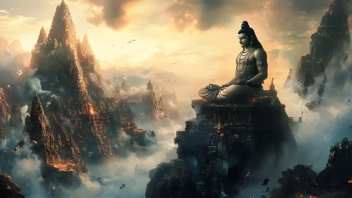 Colossal meditative deity dominates mist-laden mountain citadel