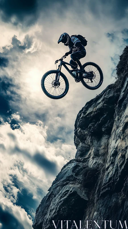 Downhill mountain biker suspended mid-air against storm sky