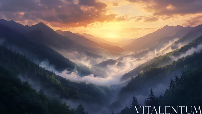 Golden sunrise unfolding over a misty, dreamlike valley.