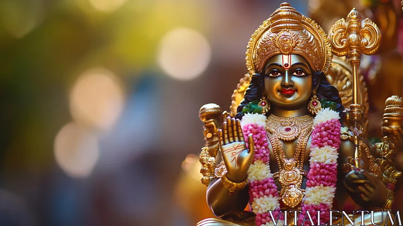 Golden Hindu deity statue with garlands and soft bokeh.