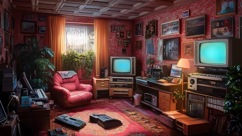 Retro gaming den with analog televisions and warm sunset glow.
