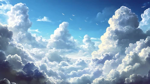 Towering cumulus cloudscape fills bright blue daytime sky