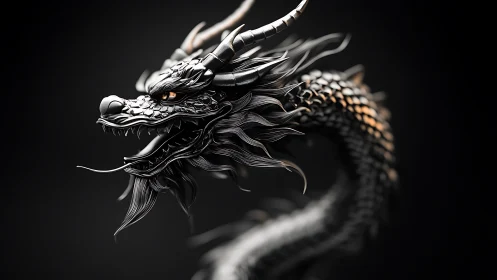 Metallic black dragon head with coiled serpentine body.