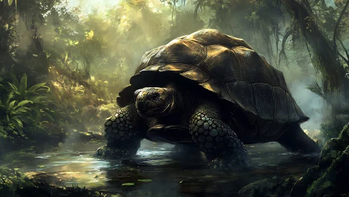 Giant tortoise standing in shallow forest stream environment.