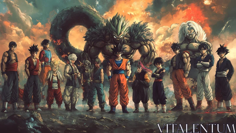 Epic anime warriors assemble before fiery storm horizon.