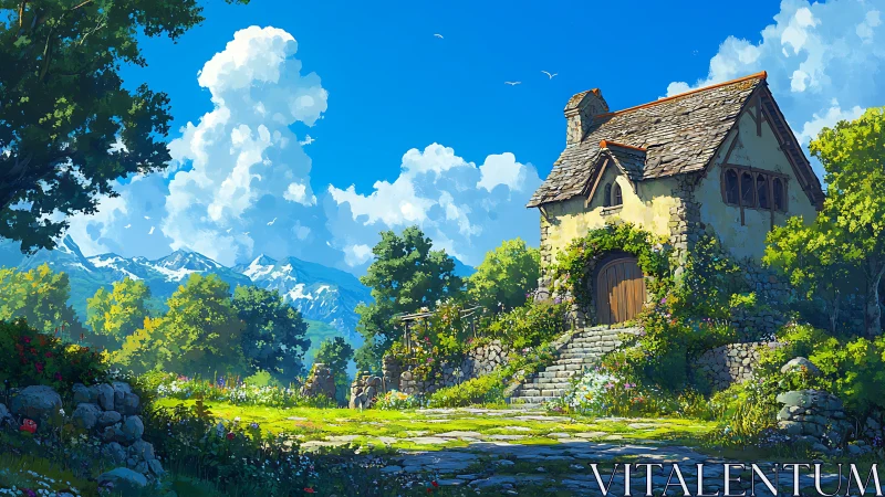 Stone cottage stands in a landscaped meadow under clear sky