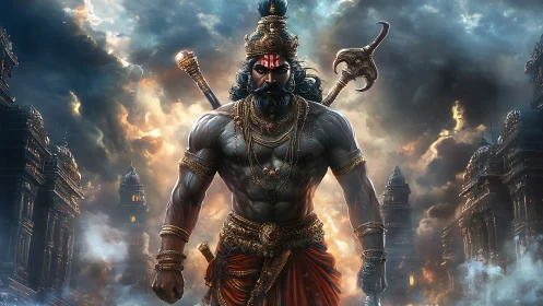 Warrior figure before temple structures under storm clouds.