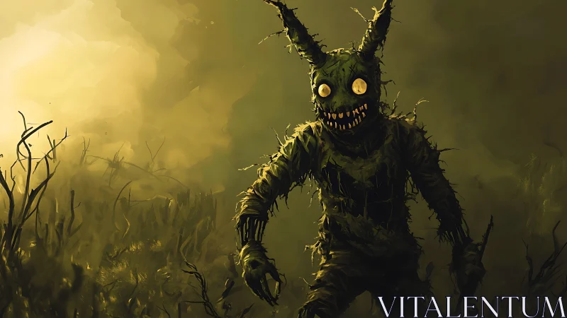 Grotesque rabbit monster stalks foggy toxic marshland