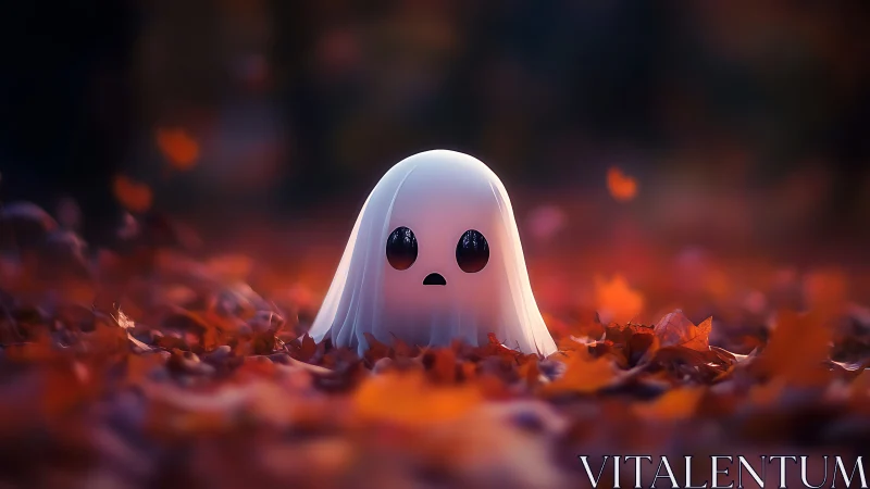Cute stylized ghost in soft-focus autumn leaf environment.