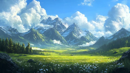 High-altitude alpine valley with snowcapped peaks and cumulus sky