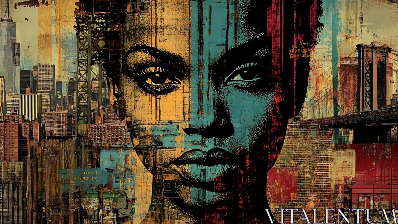 Urban portrait overlay with cityscape textures and bridges.