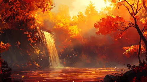 Golden autumn waterfall glows in warm, misty forest light