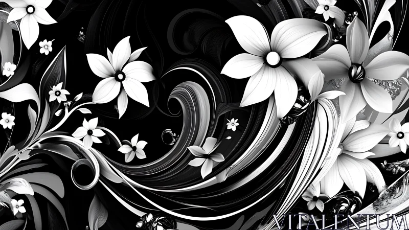 Monochromatic Floral Scrollwork: Ornamental Composition with White Blooms.