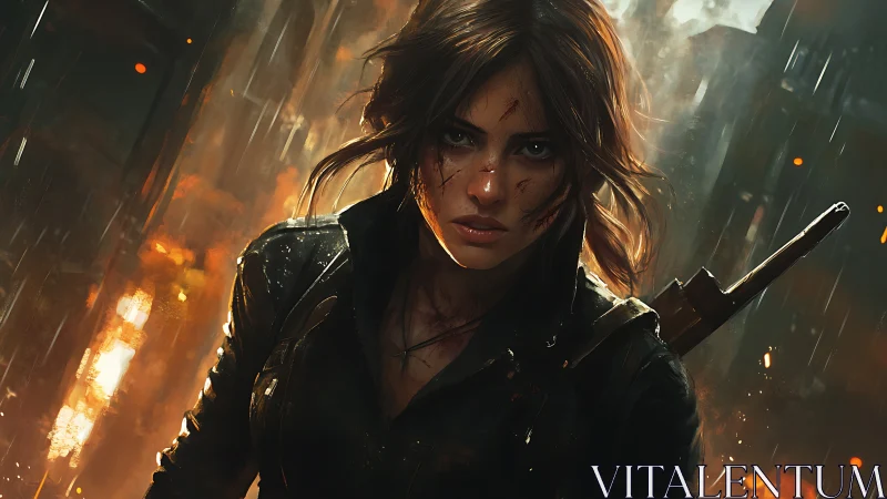 Battle-scarred heroine stalks through embers and neon rain