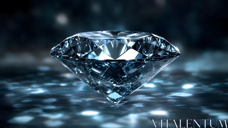 Brilliant Cut Diamond on Reflective Surface in Dramatic Lighting.