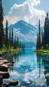 Snowcapped mountain above clear alpine lake and pines.