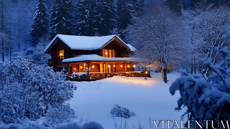 Thermally glowing log chalet embedded in dense snowy forest.