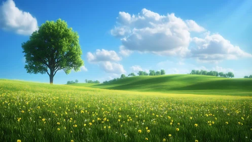 Isolated deciduous tree on radiantly lit parametric meadow.