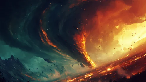 Sky-furnace vortex swallowing a burning horizon whole.