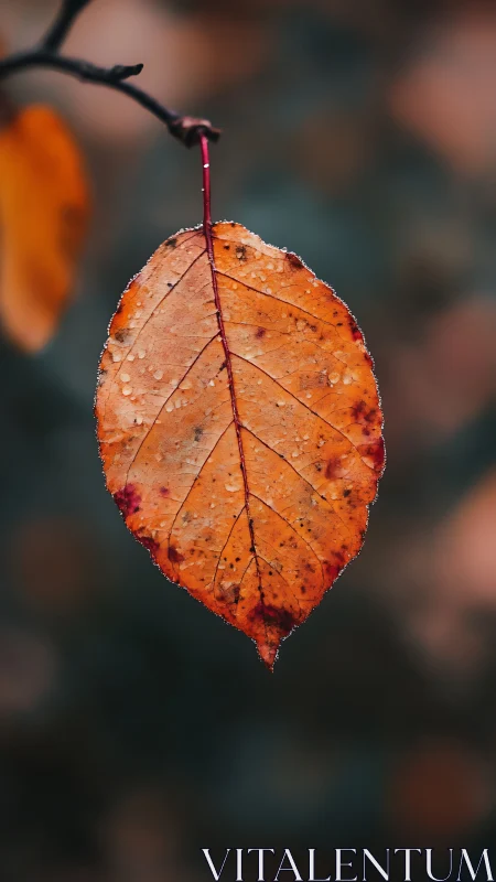 Macro study of a dew-covered autumn leaf with shallow depth of field