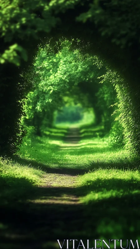 Tree-lined pathway creates bright tunnel through dense green foliage