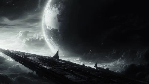 Massive star cruiser approaches eclipsed planet in deep space