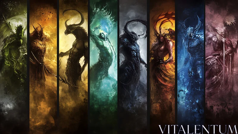 Seven elemental demon warriors in vertical colored panels.