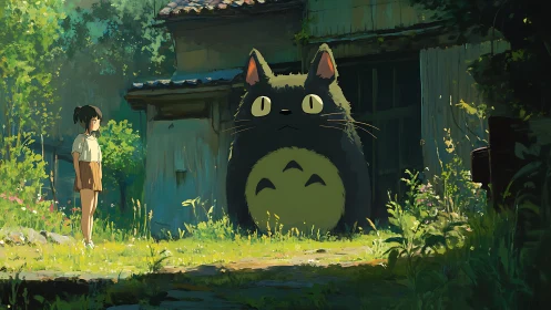 Girl and large forest creature in sunlit rural yard.