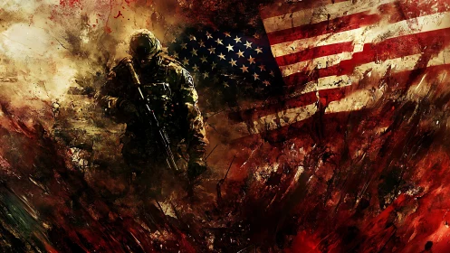 Tactical infantry silhouette amid ablative flag turbulence.