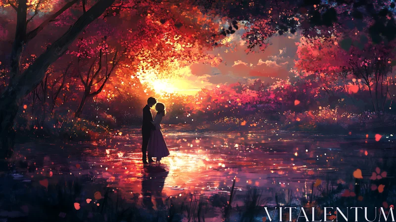 Silhouetted Couple Embracing at Sunset Over Luminous Water.