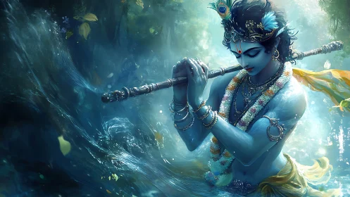Blue-skinned divine figure playing flute in swirling water.