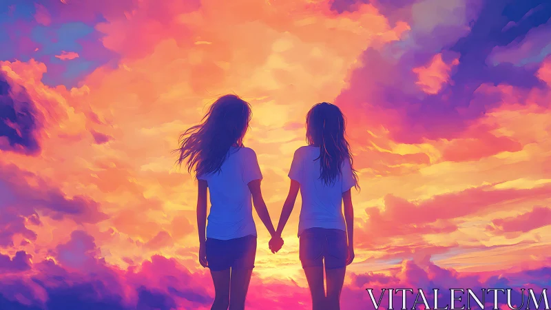 Silhouetted friends hold hands under radiant neon sunset sky.