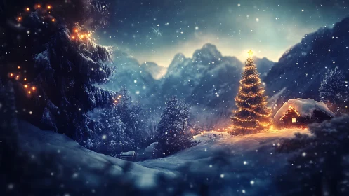 Snow-covered mountain cabin with illuminated fir tree at night.