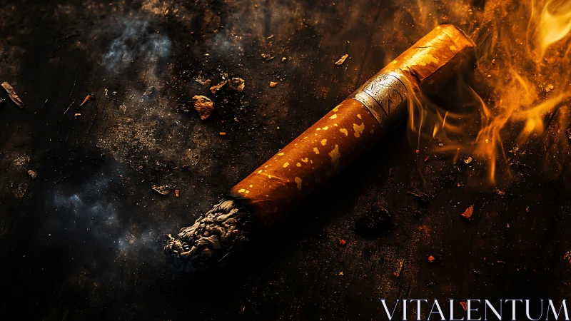 Combusting cigarette macro with incandescent ash and smoke trail.