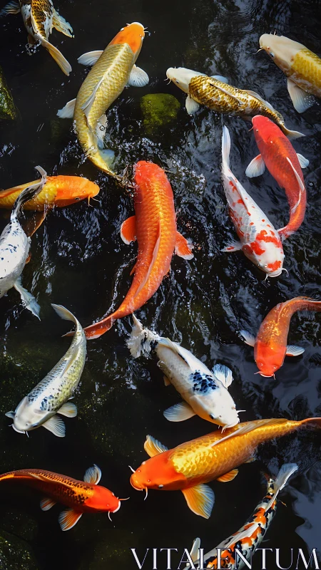 Colorful koi carp glide through dark, rippling pond water.