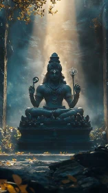 Divine stone Shiva statue under mystical forest light.